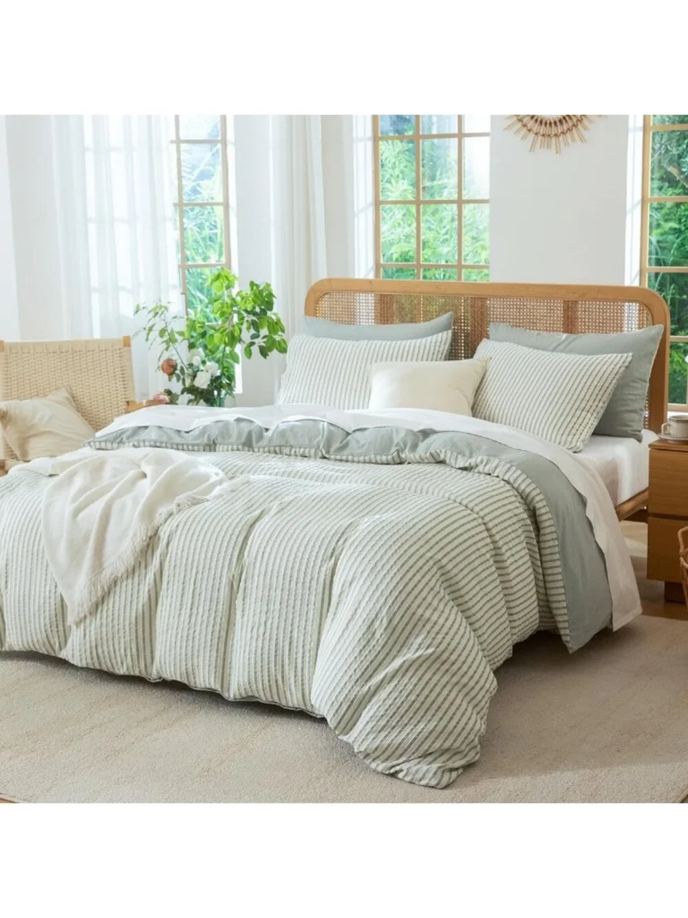 Sage Green Striped King Comforter Set - Soft Microfiber Bedding, 3 Pieces, All